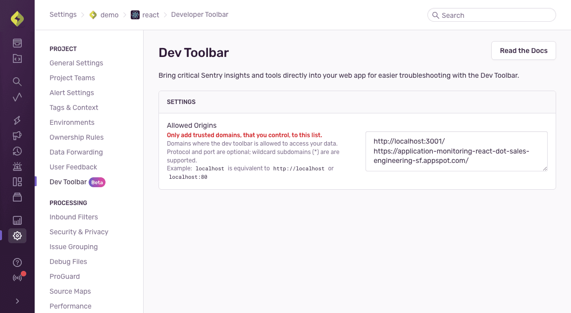 Sentry's Dev Toolbar Settings Page